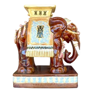 Vintage Boho Glazed Ceramic Elephant Stool