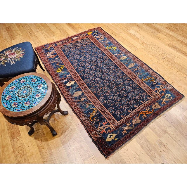 Navy Blue Antique Persian Bidjar Rug, Hand-Knotted Wool, Allover Paisley Pattern. Blue & Green, 4x6 For Sale - Image 8 of 16