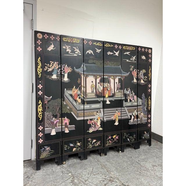 Chinese Coromandel Imperial Palace Courtyard Scene Six-Panel Screen For Sale - Image 4 of 12