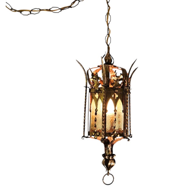 Spanish Revival Brass Lantern With Amber Glass Panels – Addison Mizner Gothic Mediterranean Pendant Light For Sale - Image 4 of 15