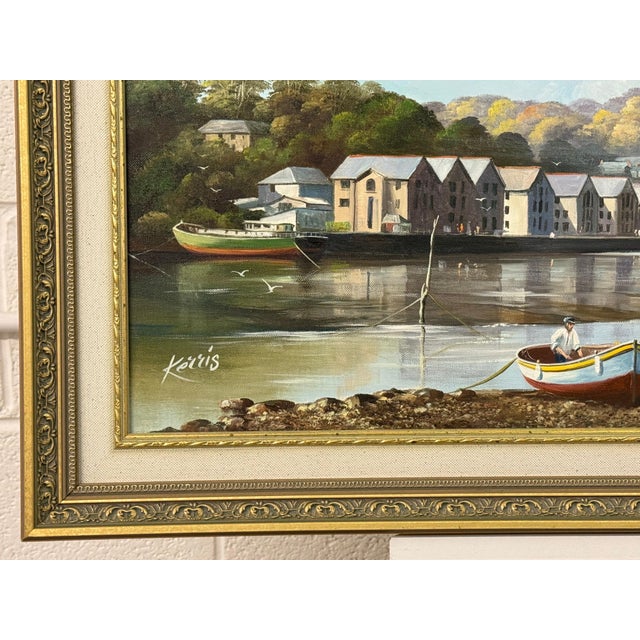 Green Painting of Figures & Boats on Truro Harbour with Cathedral by British Artist 1985 Circa For Sale - Image 8 of 18