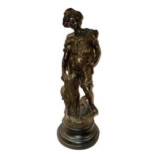 Large Antique French Moreau Statue - Boy With Dog For Sale