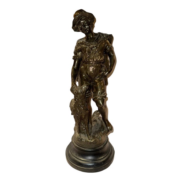 Large Antique French Moreau Statue - Boy With Dog For Sale