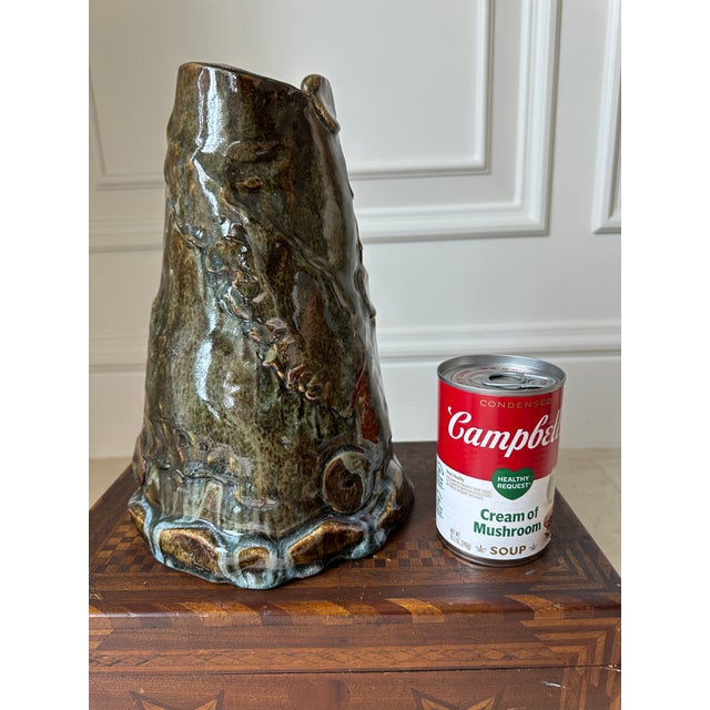 Contemporary Vintage Large Handcrafted Brutalist Ceramic Vase in Olive Green & Brown For Sale - Image 3 of 18