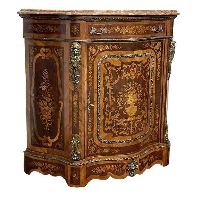 Marquetry Sideboard in Rosewood, Beech and Marble Top, 1970s For Sale