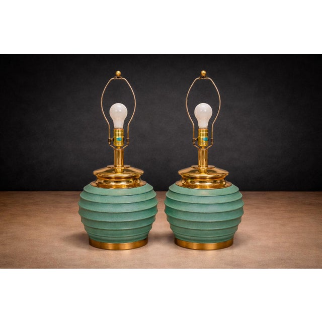 1930s Art Deco Table Lamps With Teal Finish, Unknown - a Pair For Sale In New York - Image 6 of 9