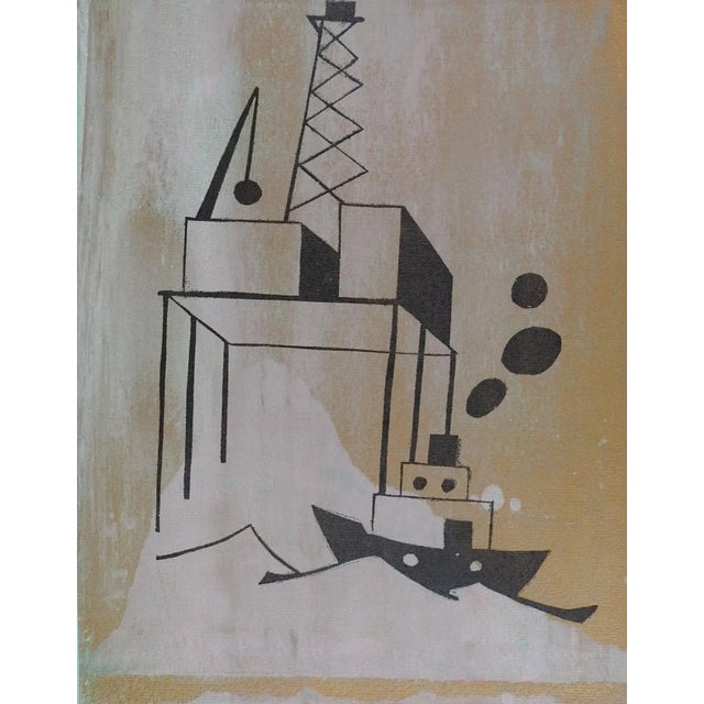 Mid-Century Modern Vintage Mid Century Industrial Ship & Oil Rig Scene Serigraph For Sale - Image 3 of 3
