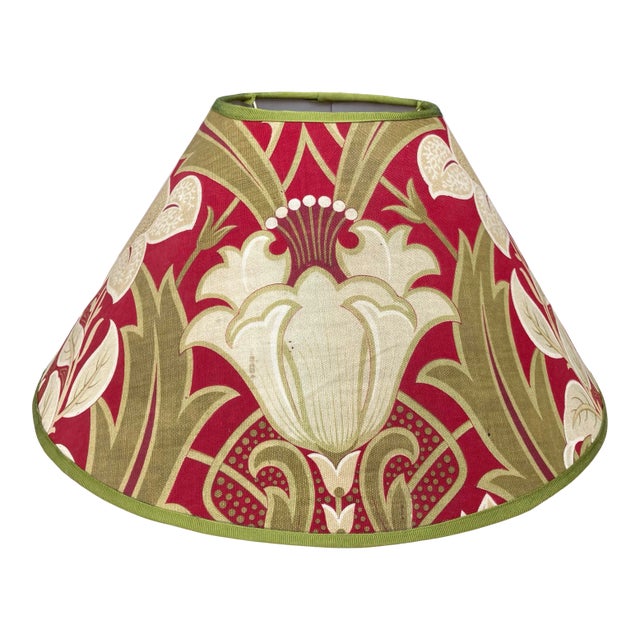 Antique French Green and Red Printed Fabric Lampshade For Sale
