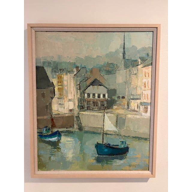 Vintage French Harbor Painting in a Light Wood Frame, Signed For Sale - Image 9 of 10