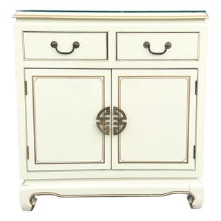 Vintage Chinese Cream and Gold Glass Top Sideboard/Cabinet For Sale
