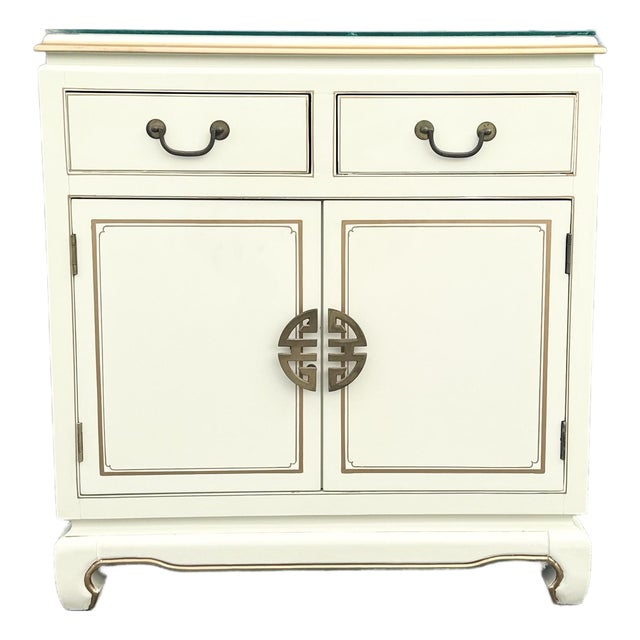 Vintage Chinese Cream and Gold Glass Top Sideboard/Cabinet For Sale