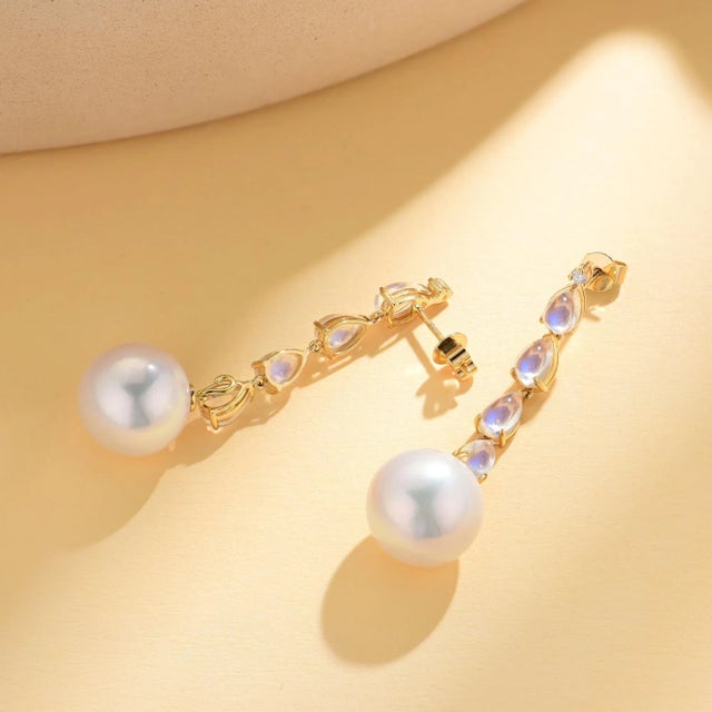 Contemporary Nina Zhou Rhythm Moonstone Diamond and Pearl Drop Earrings in 14k Gold - A Pair For Sale - Image 3 of 5