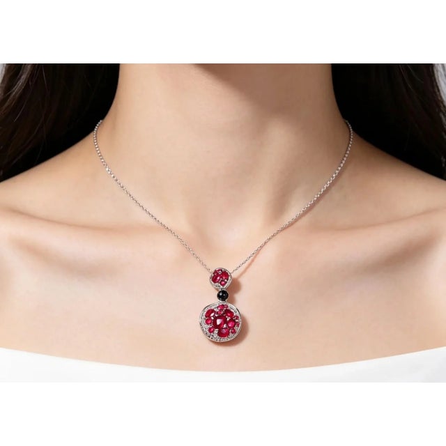 Art Deco Late 20th Century 18K White Gold Ruby Black Diamond Pendant Necklace For Sale - Image 3 of 3