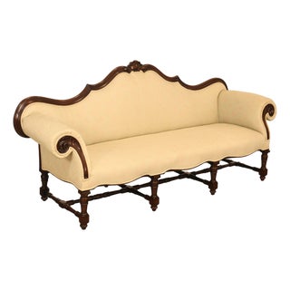 Antique Italian Rococo Carved Walnut Frame Long Sofa For Sale