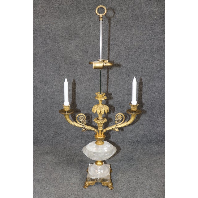 1900 - 1909 Pair French Louis XV Style Bronze Ormolu & Rock Crystal Lamps For Sale - Image 5 of 14