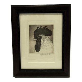 Rooster Etching Donna Guardino Signed Print 1979 in Wood Frame For Sale
