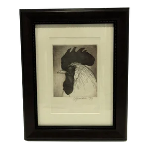 Rooster Etching Donna Guardino Signed Print 1979 in Wood Frame