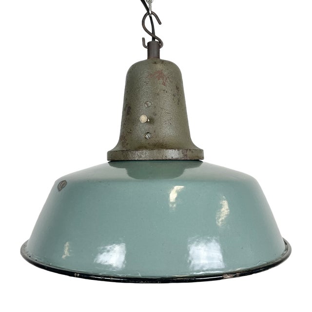 Industrial Petrol Enamel Factory Ceiling Lamp with Cast Iron Top, 1960s For Sale