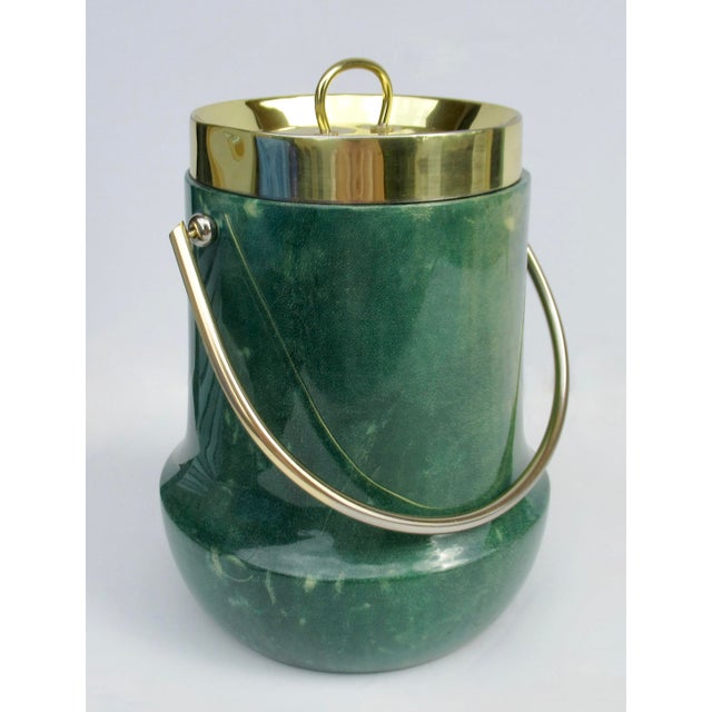 Mid-Century Modern Vintage C.1960's Italian Aldo Tura Malachite Green Goatskin & Brass Lidded Ice Bucket For Sale - Image 3 of 18