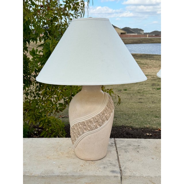 Contemporary 1980s Pair Postmodern Ceramic Lamps With Brutalist Textured Banding For Sale - Image 3 of 8