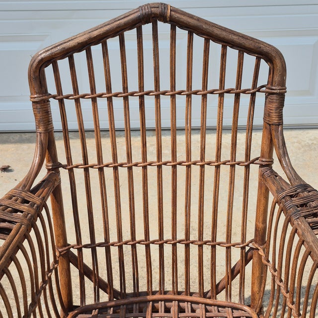 1970s Lane Venture Stick Wicker Rattan Arm Chair & Ottoman, Set of 2 For Sale - Image 9 of 14
