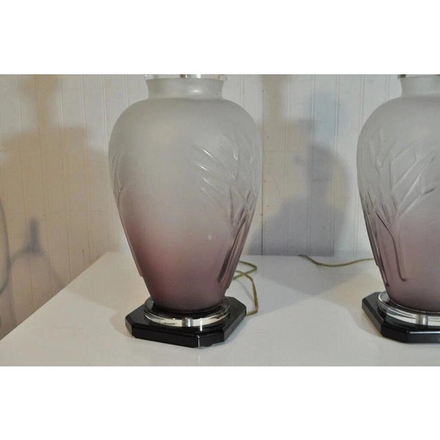 Vintage Mid Century Modern Frosted Purple Glass & Lucite Table Lamps - A Pair For Sale - Image 4 of 10