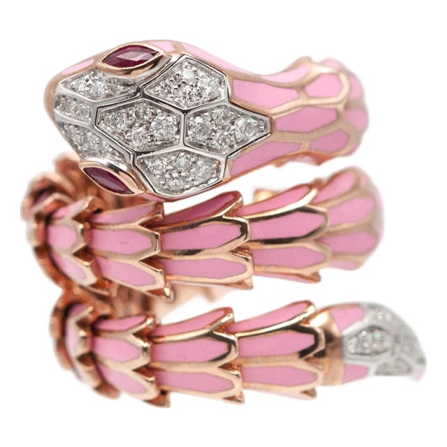 Alexis Ny Diamond Ruby Pink Enamel Serpent Wrap Ring in 18k and Sterling, Size 6 For Sale