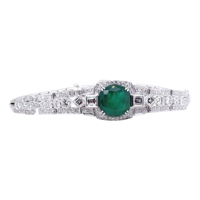 14ct White Gold Emerald & Diamond "Art-Deco" Bracelet 8.19ct For Sale
