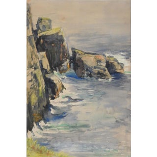 Antique Seaside Cliffs Watercolor Painting For Sale