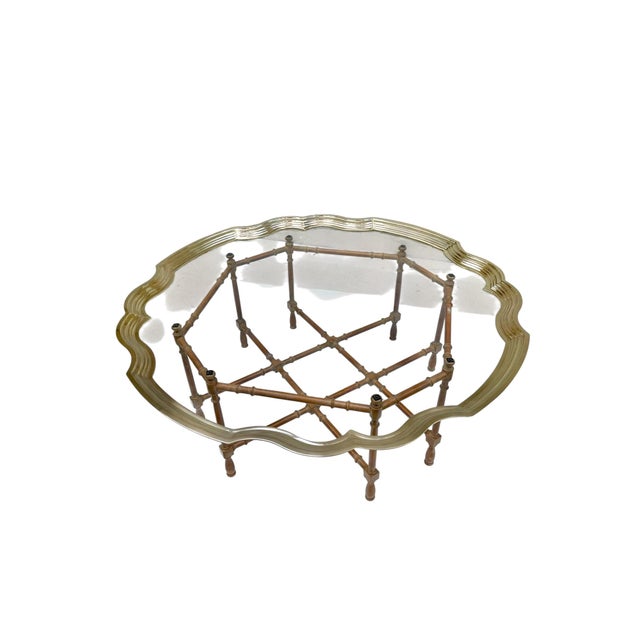 Late 20th Century Vintage Hollywood Regency Faux Bamboo & Brass Scalloped Glass Tray Coffee Table, 42” Round For Sale - Image 5 of 17