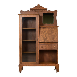 Antique Victorian Carved Tiger Oak Side-by-Side Bookcase With Drop Front Secretary Desk by Larkin Co., Circa 1900