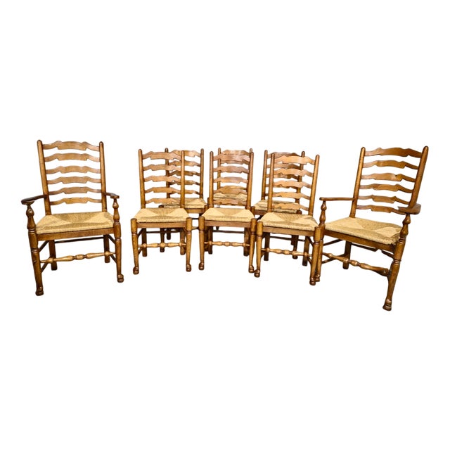 Golden Oak Ladder Back Dining Chairs, 1920, Set of 8 For Sale