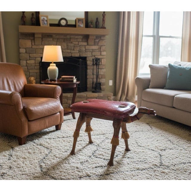 Brick Red 1980s Mid-Century Hand-Carved Egyptian Camel Saddle Stool For Sale - Image 8 of 9