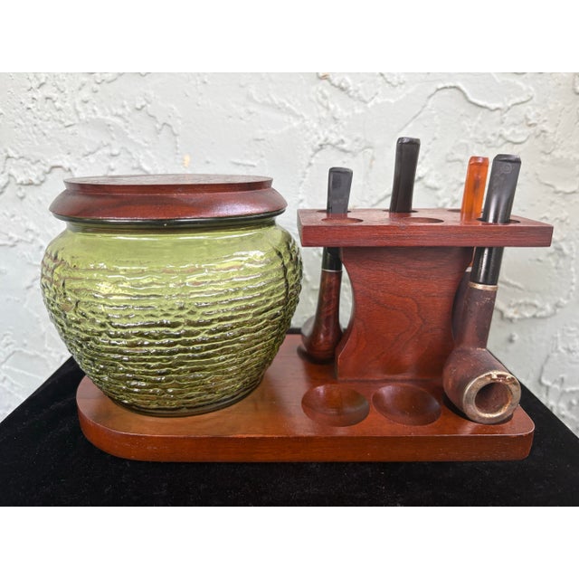 Mid-Century Modern Vintage Fairfax Smoking Set With Green Textured Glass Tobacco Jar and Wooden Pipe Rack, Mid-Century Modern For Sale - Image 3 of 12