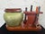 Mid-Century Modern Vintage Fairfax Smoking Set With Green Textured Glass Tobacco Jar and Wooden Pipe Rack, Mid-Century Modern For Sale - Image 3 of 12