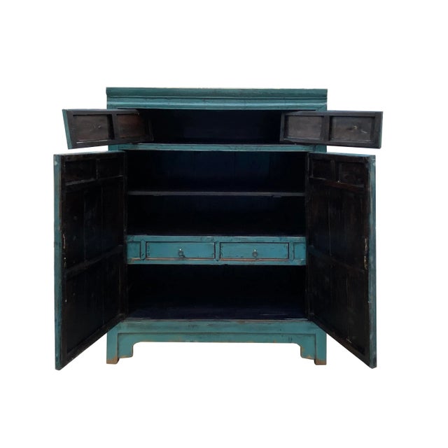 Chinese Vintage Carving Panel Tall Credenza Blue Storage Cabinet For Sale - Image 4 of 6
