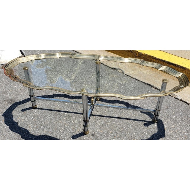 Modern Scalloped Brass and Polished Steel Chrome Glass Top Cocktail Coffee Table For Sale - Image 3 of 9