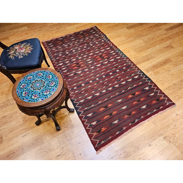 Burgundy Vintage Moroccan Kilim Rug, Handwoven Wool & Cotton, Stripe Pattern, Red & Brown, 4x7 For Sale - Image 8 of 10