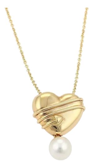 Tiffany & Co. Pearls Cupid Arrow Heart 18k Yellow Gold Pendant Necklace