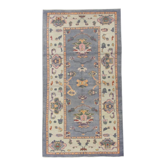 Early 21st Century Turkish Blue & Pink Handwoven Oushak Rug For Sale