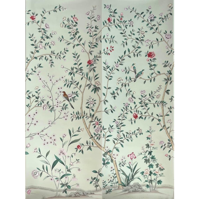 Chinoiserie Mint Green Chinoiserie Mural | 5-Panel Hand-Painted Floral & Bird Wallpaper For Sale - Image 3 of 3