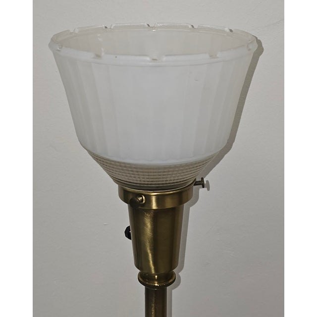 Pair of Mid-Century Ceramic and Brass Torchere Table Lamps For Sale - Image 4 of 8