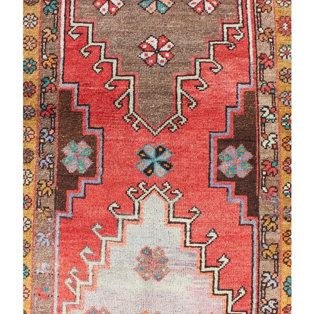 Textile Vintage Turkish Oushak Runner With Sub-Geometric Tribal Medallions in Brown, Red For Sale - Image 7 of 8