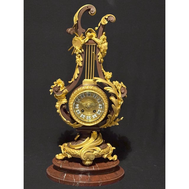 1840-1860 French Bronze Lyre Clock Louis XVI Style, Bronze/Marble For Sale - Image 18 of 18