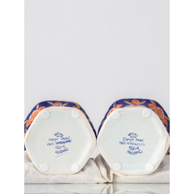 1980s Vintage Delft Imari Ceramic Table Lamps, New Japanese Block Print Lampshades, Set of 2 For Sale - Image 5 of 18