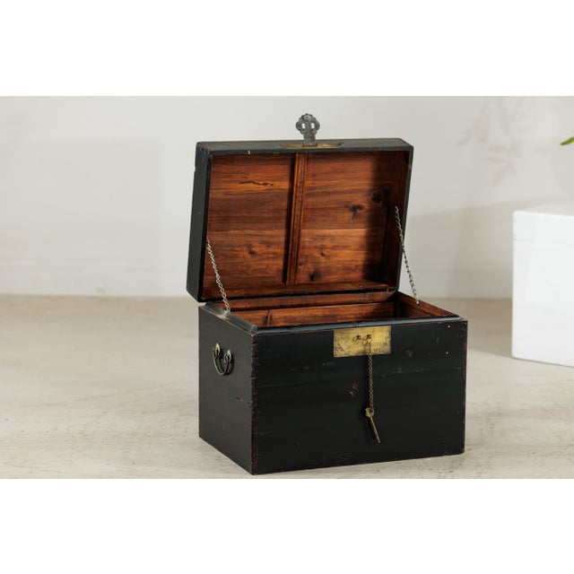 Wood Vintage Chinese Black Lacquered Trunk with Brass Hardware and Side Handles For Sale - Image 7 of 18