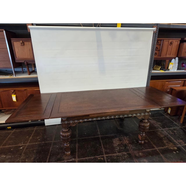 Spanish Revival Antique 1920s Rustic Spanish Jacobean Extra Large Dining Table 9 Feet Open For Sale - Image 3 of 12