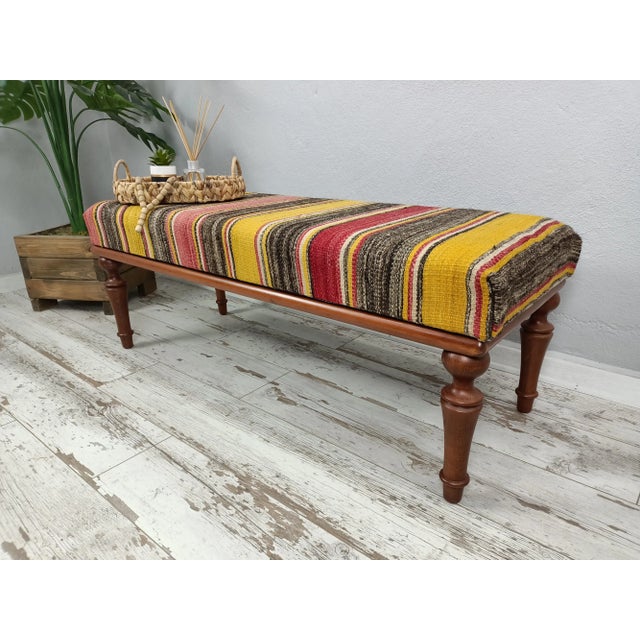 Saffron Handmade Colorblock Kilim Upholstered Bench For Sale - Image 8 of 10