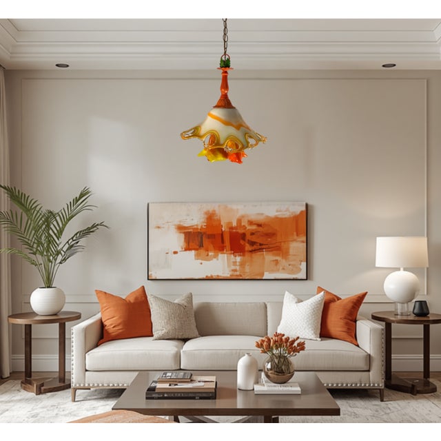 This one‑of‑a‑kind pendant light combines vintage metalwork with hand‑blown glass to create a sculptural,...