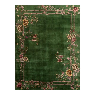 1920s Green Floral Modern Antique Chinese Art Deco Rug 9' X 11' 6" Handknotted Wool Carpet For Sale
